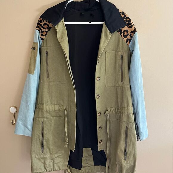 KSubi Green, Denim, & Leopard Leather Jacket / Trench Coat size XS - Picture 2 of 10
